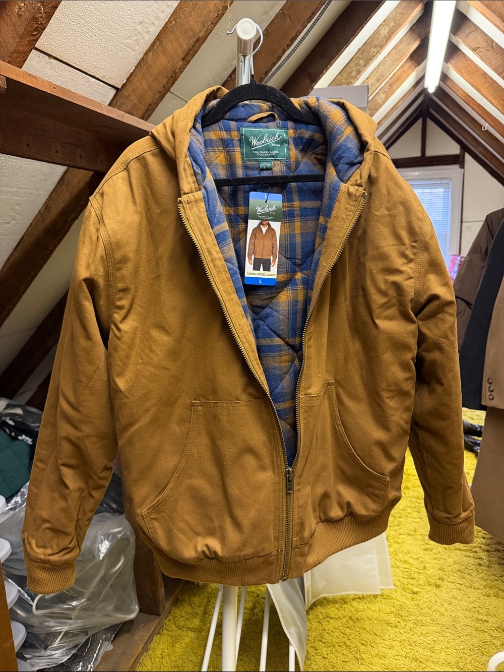 Woolrich Men’s Hooded Parka bomber Jacket in Camel Brown with Plaid Lining